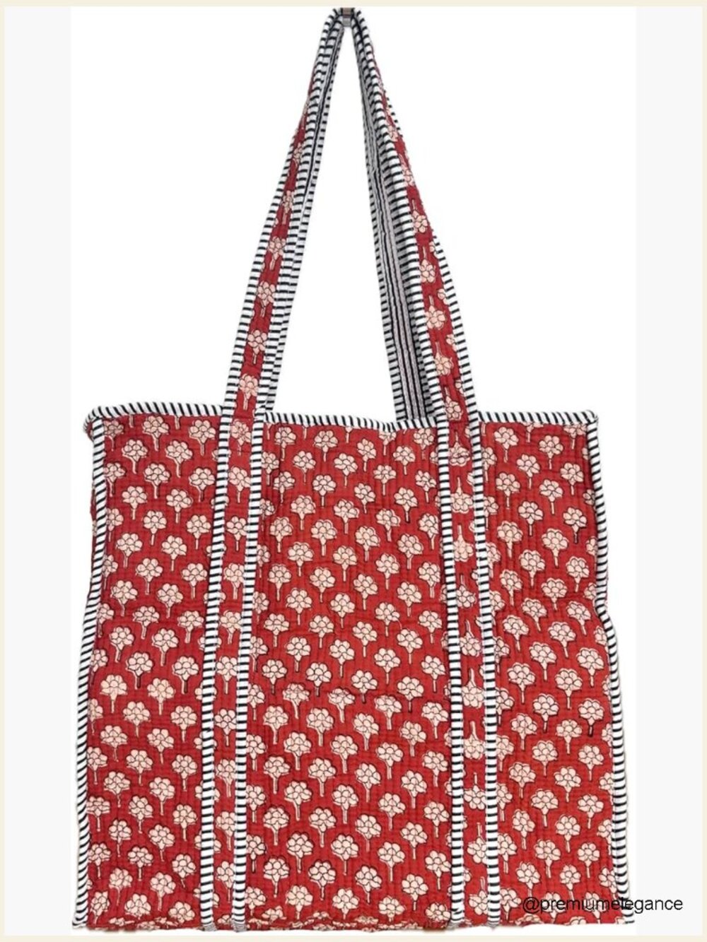 Large Handblock Print Quilted Cotton Tote Bag with Pocket & Zipper